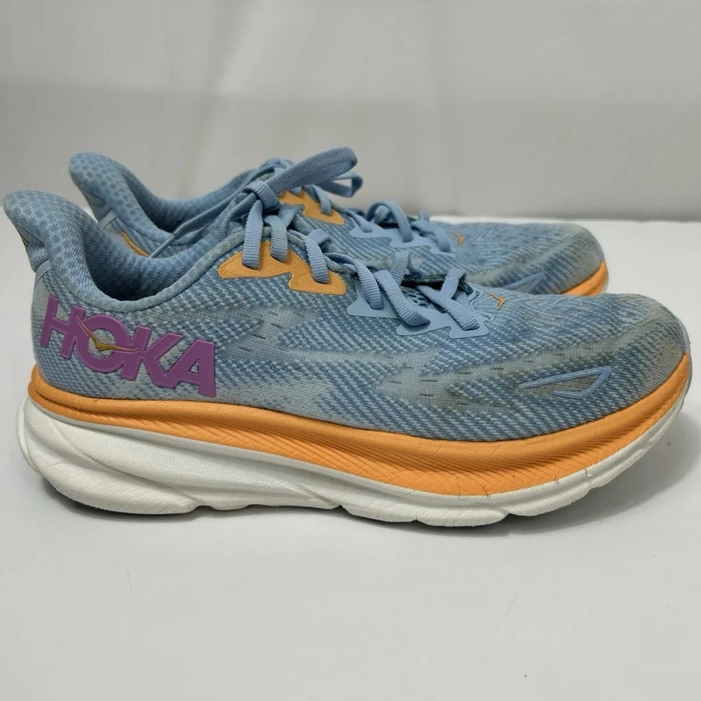 HOKA Clifton 9 Women's Running Shoes 7.5B Blue Orange Cushioned Road Trainers